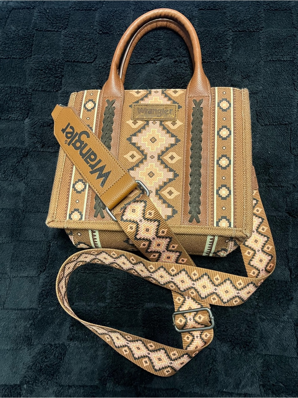 Wrangler Mini Tote Crossbody Canvas Purse Bag Pink Brown Aztec Print w/ Strap